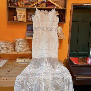 White Lace Mermaid Midi Dress Spaghetti Strap Boho Bridal Formal Dress 🌸